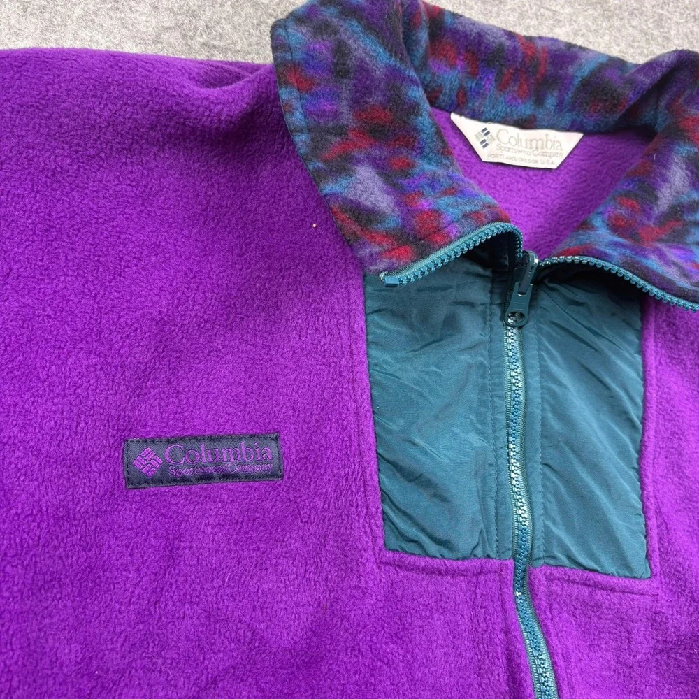 Vintage 90s Columbia Fleece Jacket Purple Teal Pattern Collar Made in USA Large
